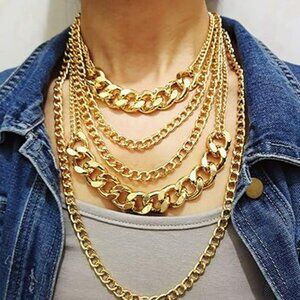 Gold Chunky Chain Necklace 5 Layer Statement Necklace Cuban Classy Fashion